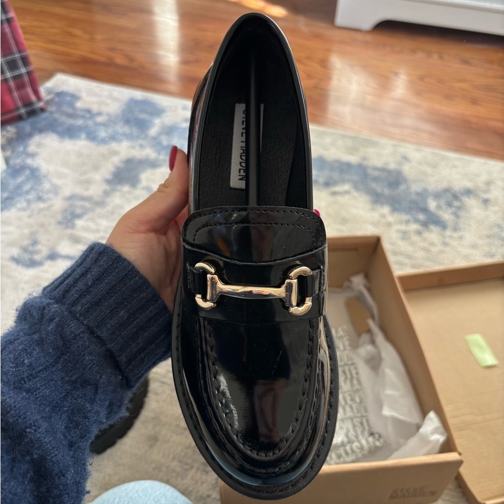 Steve Madden Black Patent Loafers with Gold Accent